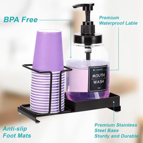 Miniatura 4 de Dispensador de enjuague bucal Summark para baño, botella de bomba de enjuague bucal con portavasos de acero inoxidable, recipiente de enjuague bucal