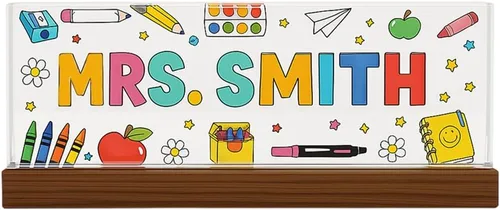 Miniatura 15 de Placa de nombre personalizada para escritorio para profesores, placa de nombre de acrílico personalizada para maestros con base de madera, letrero