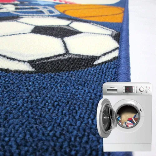 Miniatura 4 de HUAHOO Alfombra deportiva azul para niños, alfombra deportiva de nailon para niños y niñas, alfombra estampada con pelota de fútbol, baloncesto
