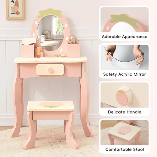 Miniatura 6 de OOOK Tocador para niños de 3 años, tocador de juguete para niños con accesorios de maquillaje, mesa de maquillaje para niños con cajón, color rosa