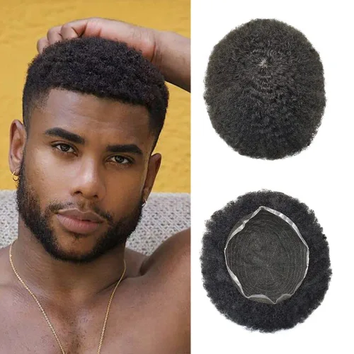Miniatura 18 de Afro Toupee Hair Piece para hombres negros Encaje suizo completo Afro Hombres Toupee cabello humano rizado hombres onda unidades de cabello