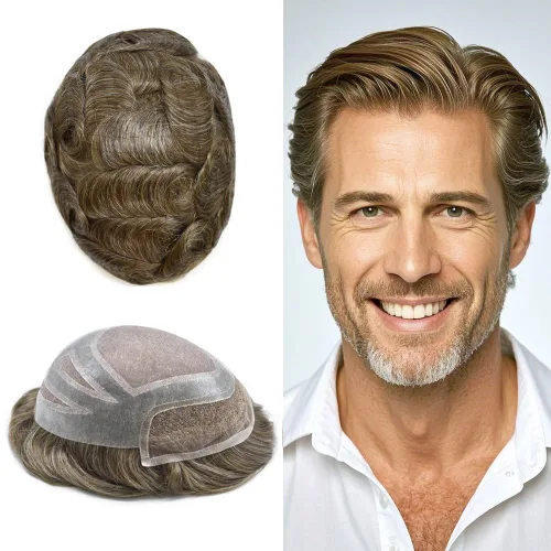 Miniatura 17 de Sistema de repuesto de piezas de cabello humano tipo tupé para hombre, transpirable, encaje francés, peluca para hombre, peluca de piel de #1B Negro