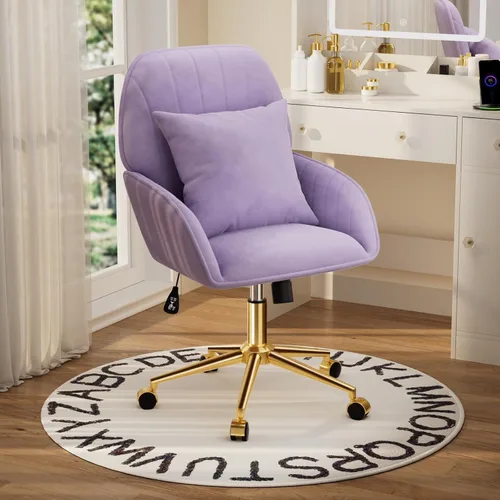 Miniatura 8 de Silla de escritorio para oficina en casa cómoda con ruedas giratorias ajustables, silla moderna de terciopelo para maquillaje con respaldo y Púrpura