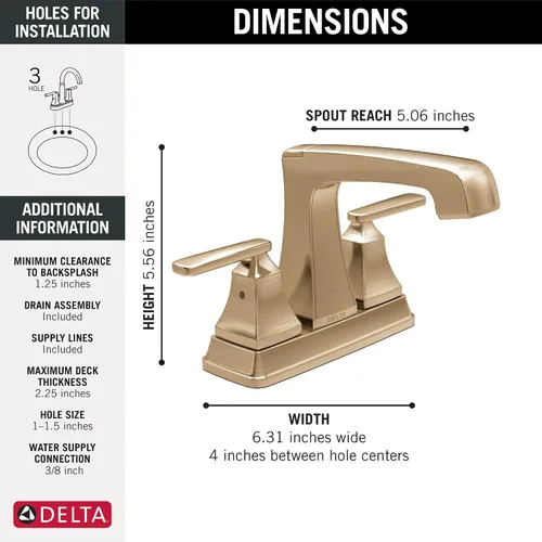 Miniatura 5 de Delta Ashlyn - Grifo central de baño, grifo dorado de 3 agujeros, conjunto de drenaje de metal Push-Pop, bronce champán 2564-CZMPU-DST