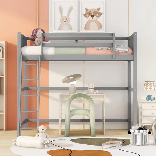 Miniatura 11 de Twin Size Solid Wood Loft Bed with Full-Length Safety Guardrails and Slanted Ladder,Modern Loft Bed Frame with Sturdy Slat Support and Under-Bed