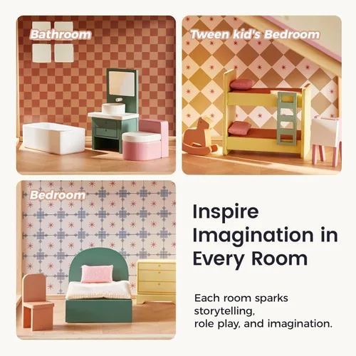 Miniatura 4 de Tiny Land Casa de muñecas de madera para niñas, casa de muñecas de madera de 6 habitaciones, casa de muñecas de bricolaje con 31 accesorios de Rosa