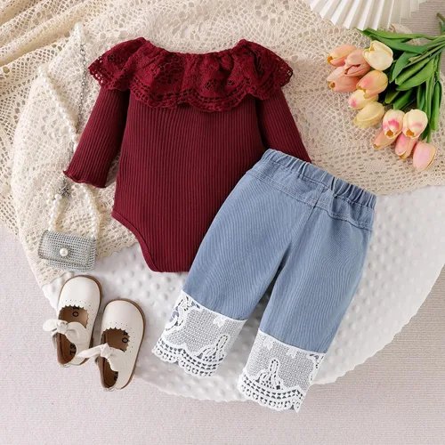 Miniatura 21 de Conjunto de ropa de bebé niña para bebé, mameluco de encaje blanco de manga larga + pantalones de mezclilla