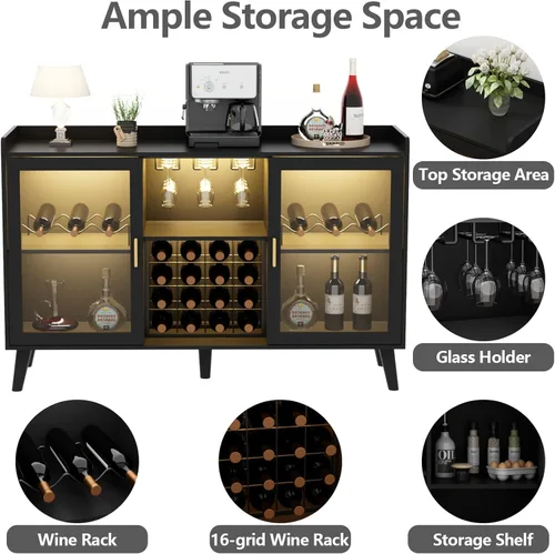 Miniatura 3 de Auromie Armario de bar de vinos con luz LED, gabinete de café para el hogar con estante para vino y vidrio, aparador de cocina con estantes de Negro