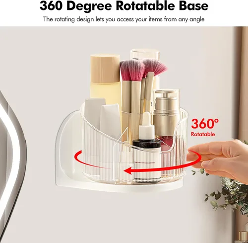 Miniatura 3 de Poeland Organizador de brochas de maquillaje montado en la pared, soporte de maquillaje giratorio 360 con 6 compartimentos para productos de cuidado
