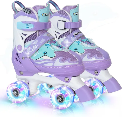 Miniatura 10 de Nattork Patines de ruedas para niños, patines ajustables con luz para niñas y niños, patines verdes, azules, morados y rosas para niños pequeños
