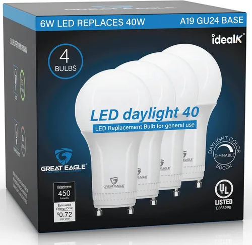 Great Eagle - Bombillas LED regulables, GU24 equivalente a 40 W, luz diurna de 5000 K A19, bombilla de 2 clavijas, 6 W, 450 lúmenes, 120 V, 60 Hz,