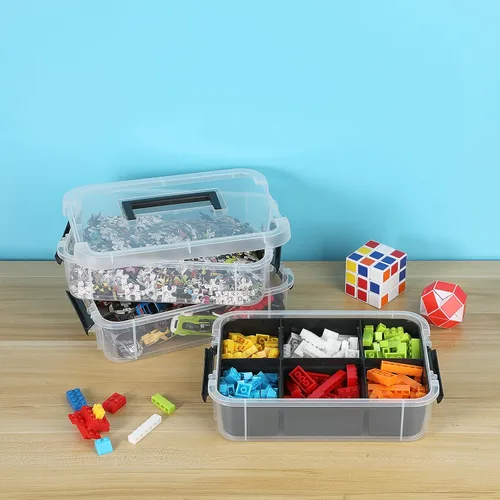 Miniatura 6 de JUXYES Paquete de 2 Cajas de Almacenamiento Apilables y Portátiles de 3 Niveles con Bandeja Dividida, Contenedor de Almacenamiento Apilable