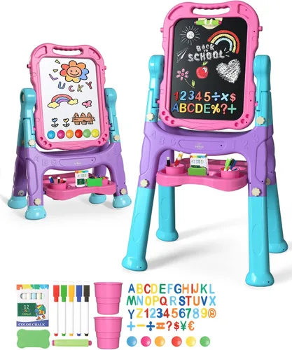 Lehoo Castle Caballete para niños, caballete de arte para niños 4 en 1 de doble cara con pizarra blanca magnética y pizarra de tiza, caballete