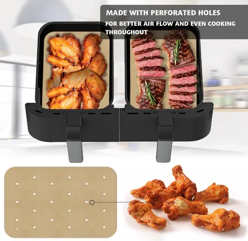 Miniatura 6 de WMKGG Papel pergamino rectangular para freidora de aire, 100 forros desechables perforados para freidora de aire con 2 alfombrillas de parrilla