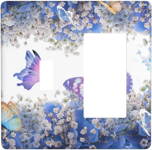 Miniatura 87 de Cubierta de interruptor de luz de 3 cuadrillas con diseño de flores azules púrpuras, cubierta de placa de pared de triple palanca, arbustos florales