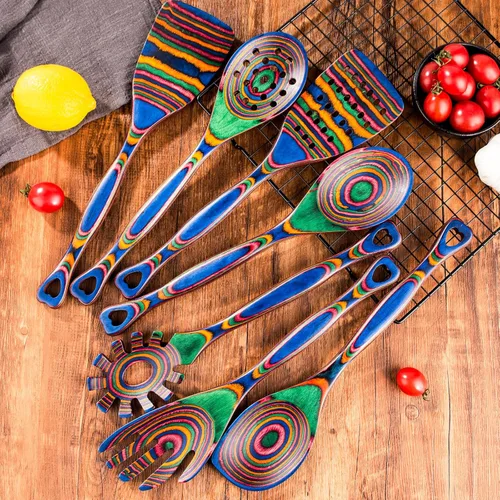 Miniatura 9 de Gudamaye Pakkawood - Utensilios de cocina de madera de 7 piezas, cucharas de madera para cocinar, utensilios de cocina de madera de Pakkawood