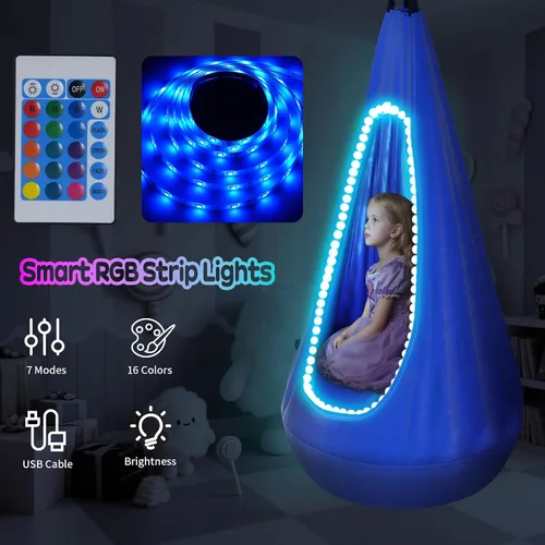 Miniatura 4 de Silla de columpio para niños con luz, columpio sensorial con arnés colgante y hamaca, columpio sensorial mejorado para niños con luces LED USB hasta