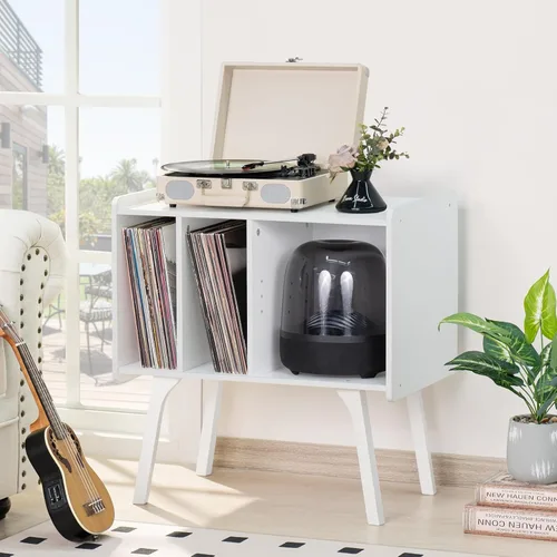 Miniatura 2 de LELELINKY Soporte para tocadiscos, mesa de almacenamiento de discos de vinilo con 4 gabinetes de hasta 120 álbumes, soporte para tocadiscos de Blanco