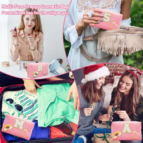 Miniatura 5 de Bolsa de Maquillaje Preppy, Estuche de Lápices de Cuero PU Premium Impermeable Bolsa de Cosméticos con Sonrisa Corazón Arcoíris Bonita Bolsa