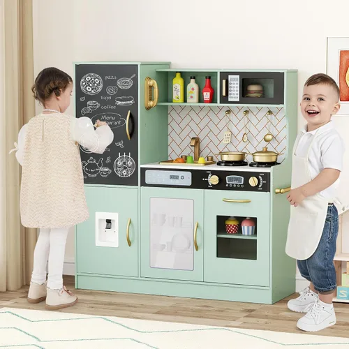 Miniatura 9 de Costzon Juego de cocina para niños, juego de juguetes de cocina de chef de madera grande con sonidos y luces reales, microondas, pizarra, horno
