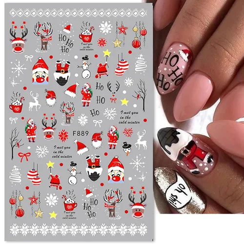 Miniatura 5 de 8 hojas de calcomanías de uñas de Navidad 3D, calcomanías de uñas de Navidad de invierno, dibujos animados, alce, copo de nieve, Papá Noel, muñeco