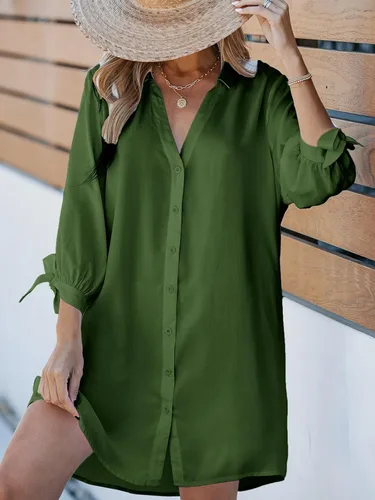 Miniatura 3 de CUPSHE Vestido corto de playa para mujer, manga 34, con botones, vestido midi de verano
