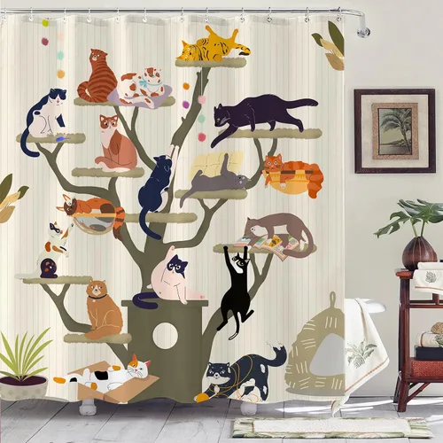 Miniatura 3 de Cortina de Ducha Divertida de Gato Lindo Divertido Árbol de Gato de Dibujos Animados Cortinas de Ducha para Baño Boho Anime Gatitos Niños Granja