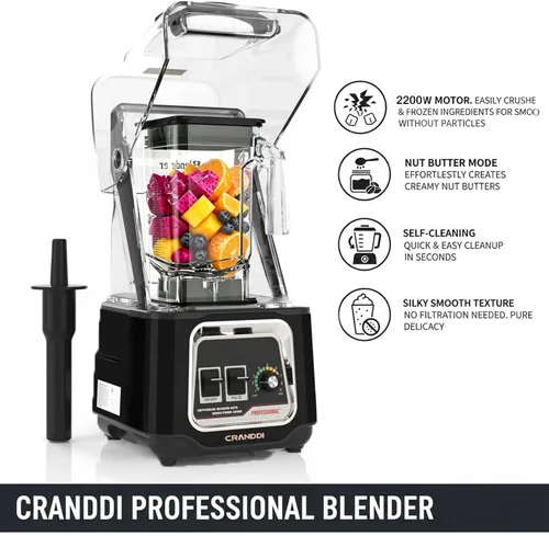 Miniatura 7 de CRANDDI Licuadora comercial, licuadoras de encimera de 2200 W con escudo extraíble, licuadora silenciosa para batidos y trituración de hielo, Negro