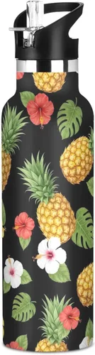 Kids Water Bottle Leakproof Insulated Water Bottle with Straw 20oz, BPA-Free, Yellow Pineapples Colorful Hibiscus