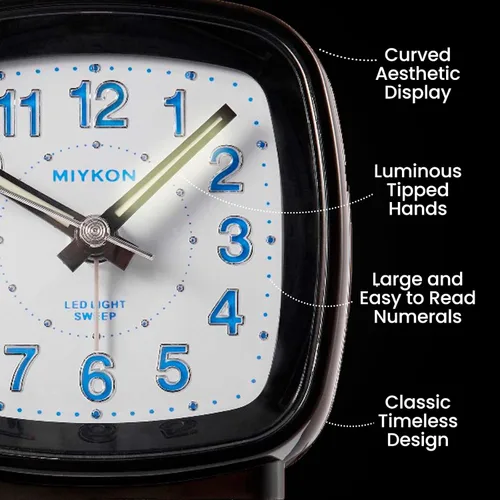 Miniatura 3 de Miykon Reloj despertador analógico cuadrado pequeño – Silencioso sin tictac, funciona con pilas con luz LED y repetición – Escritorio, mesa, viaje