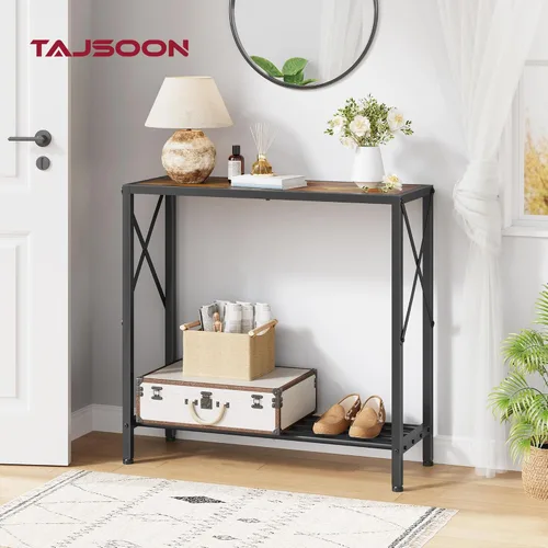 Miniatura 4 de Tajsoon - Mesa de consola de 28.3" de largo, mesa estrecha de 2 niveles para entrada con estantes abiertos, pequeña mesa de sofá para sala de estar
