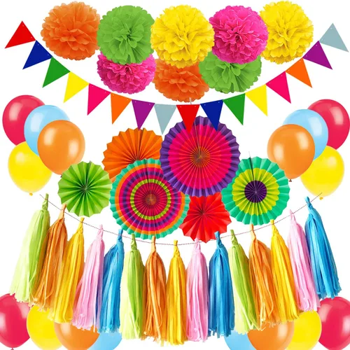 ZERODECO Holi - Decoraciones de papel para colgar, multicolor, vibrantes, pompones, globos de látex, borlas, triángulos, banderines para fiestas,