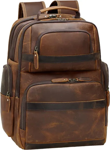 Miniatura 8 de TIDING Mochila de cuero vintage para hombre de 15.6 pulgadas, bolsa para laptop de gran capacidad, viajes de negocios, senderismo, mochilas de hombro