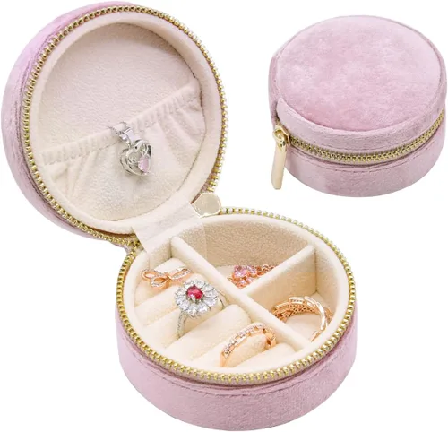 TAIMY Estuche de viaje pequeño para joyería, mini joyero de viaje redondo para mujeres y niñas, mini cajas organizadoras de viaje para anillos,