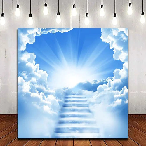 Telón de fondo de poliéster de 4 x 4 pies con temática de cielo dorado enviado decoraciones banner Reino de Dios Escaleras al paraíso Luz del sol