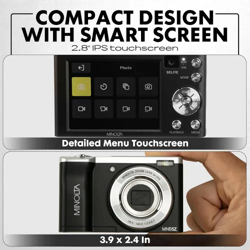 Miniatura 7 de Minolta Cámara Digital de Doble Objetivo de 56 MP – Zoom Óptico 5X, Vídeo Ultra HD 5K, Sensor CMOS, Pantalla LCD de 2.8 Pulgadas, Estabilización