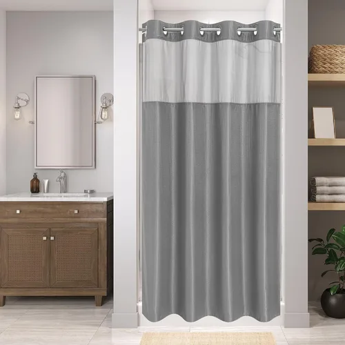 Miniatura 16 de eachope Cortina de ducha negra sin gancho con forro de tela a presión, cortinas de ducha de tejido gofre para baño, juego de cortinas de baño