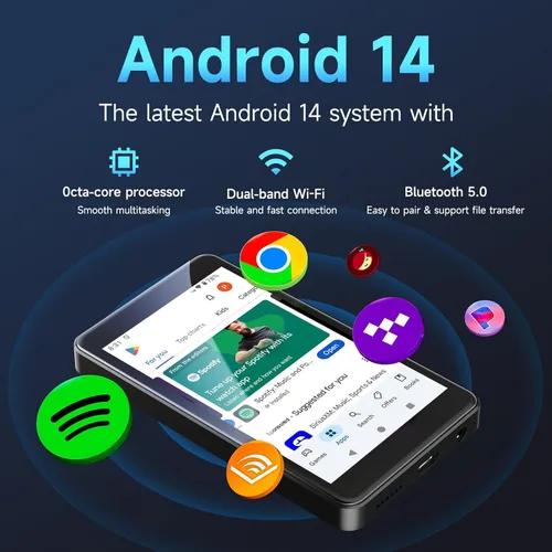 Miniatura 2 de PECSU Reproductor de MP3 con Bluetooth 5.0 y WiFi, sistema Android 14 con Spotify, Audible y Play Store, pantalla táctil de 4 pulgadas, duración