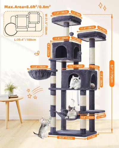 Miniatura 2 de Taoqimiao Árbol para gatos, torre para gatos de 66.2 pulgadas para gatos de interior, condominio para gatos de varios niveles de felpa con 7 postes
