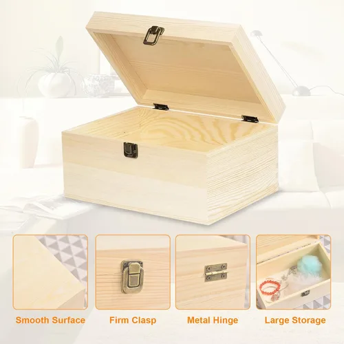 Miniatura 3 de Paquete de 2 cajas de madera sin terminar, caja grande de madera con tapa con bisagras, cierres frontales, cajas de madera natural