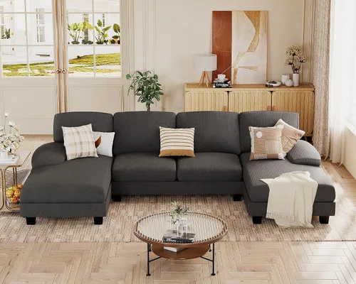 Miniatura 11 de JUMMICO Sofás Seccionales para Sala de Estar, Sofá en Forma de U con Tela de Chenilla, Sofá Moderno de 4 Asientos con Almohadas Removibles para Gris
