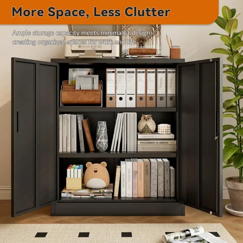 Miniatura 6 de BESFUR Armario de almacenamiento de metal de 36 pulgadas de alto, gabinete de metal negro con 2 puertas con cerradura y 2 estantes ajustables