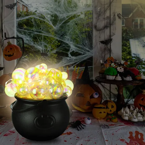 Miniatura 5 de Jenaai Juego de 96 calderos burbujeantes de Halloween con 40 adornos de bola, 2 tiras de luces de 0.71 oz, 2 arañas falsas, 50 puntos adhesivos