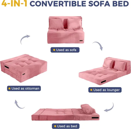 Miniatura 7 de MAXYOYO Sofá Cama Convertible, Sofá Cama Plegable con Almohada, Sofá Cama Plegable Acolchado 4 en 1, Sofá Cama de Espuma para el Piso, Silla Rosa