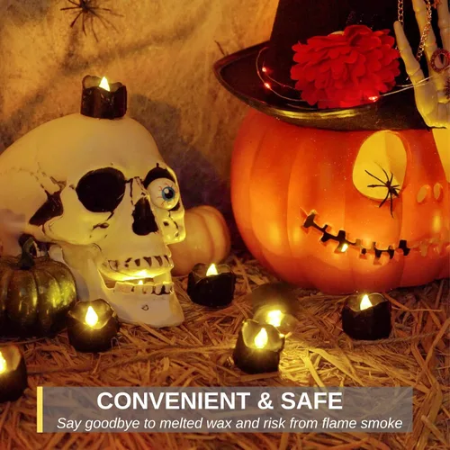 Miniatura 7 de Homemory Paquete de 24 velas de té sin llama de Halloween, color negro, funciona con pilas, velas LED parpadeantes, seguras para calabazas, negro