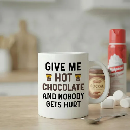 Miniatura 6 de Taza divertida de chocolate caliente. Dame chocolate caliente y nadie saldrá herido 11 oz. Taza de café. Idea de regalo novedosa para invierno
