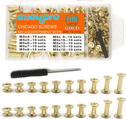 Miniatura 9 de Juego de 80 tornillos Chicago surtidos, 4 tamaños, remaches de cuero dorado de 1/4 5/16 3/8 1/2 remaches de tornillo con cabeza Phillip ranurada