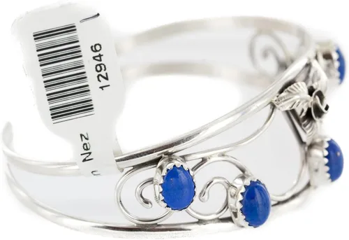 Miniatura 4 de $250Tag Certificado Navajo Natural Lapislázuli Pulsera Nativa Americana 12946-1 Hecho por Loma Siiva, Metal Piedra, Lapislázuli