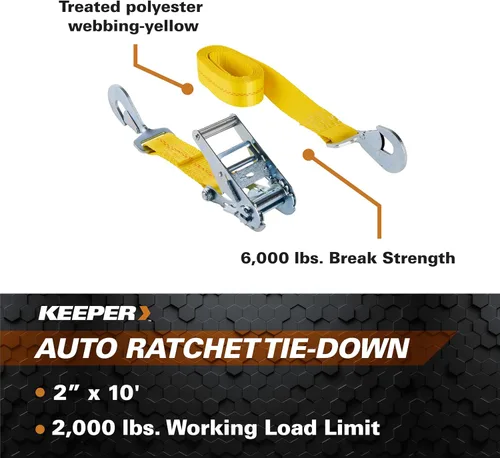 Miniatura 5 de Keeper Hampton PROD Keeper - Amarre de trinquete automático de 2 pulgadas x 10 pies con ganchos a presión, límite de carga de trabajo de 2,000