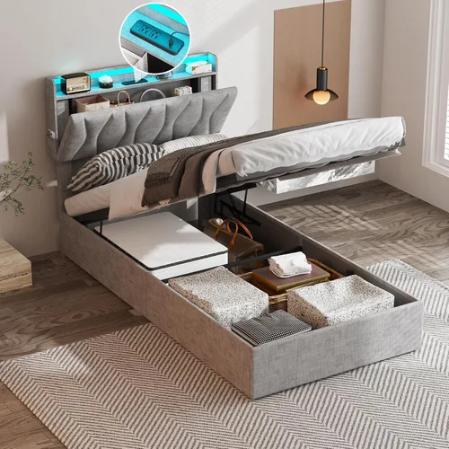 Miniatura 13 de Fameill Marco de Cama Twin con Almacenamiento Elevable, Cabecera Ajustable, Estación de Carga, Luces LED, Listones de Madera, Sin Ruido, No Requiere